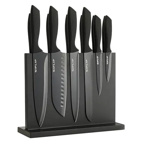 SipLip kitchen knife set with black blades and magnetic storage holder