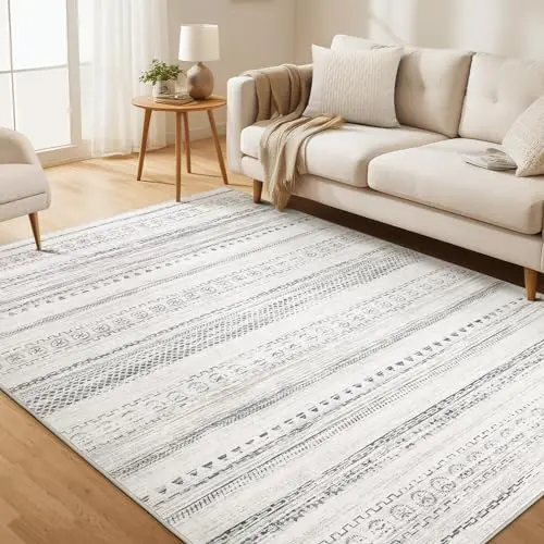 KAKANIA boho Moroccan washable area rug under kitchen table