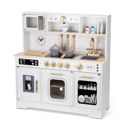 OOOK Wooden Play Kitchen with sink, oven, coffee maker, and ice maker