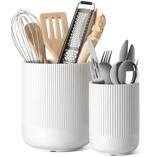 LE TAUCI white ceramic utensil holders on kitchen counter