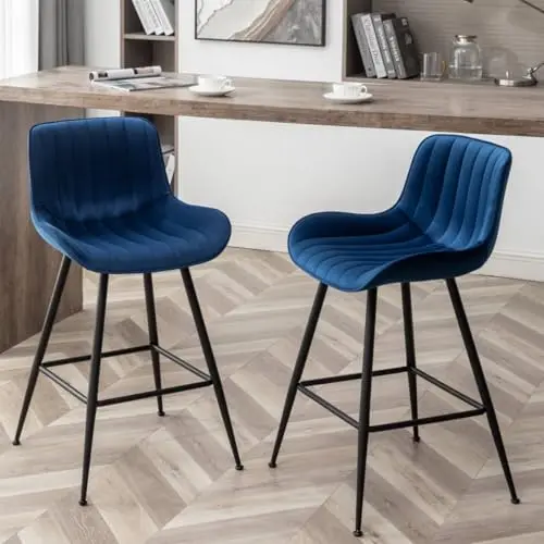 Whiterye blue velvet counter stools with metal legs and back support