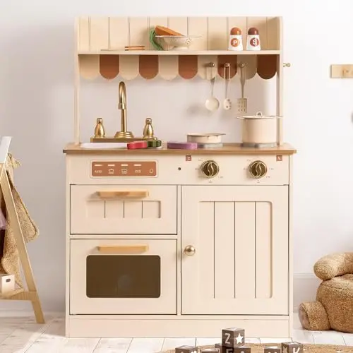 ROBOTIME modern play kitchen with beige finish and gold accents