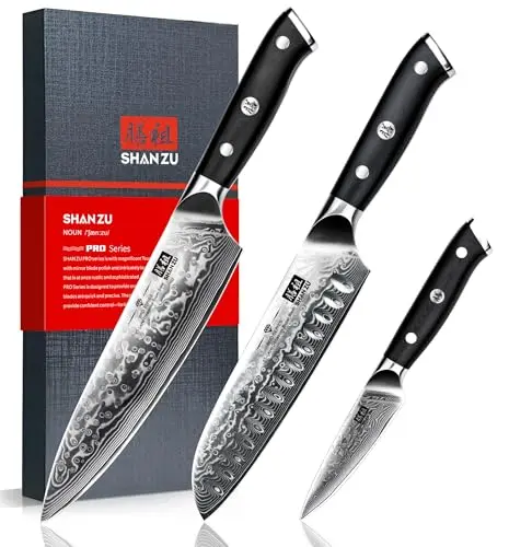 SHAN ZU Damascus knife set with layered steel blades and G10 handles