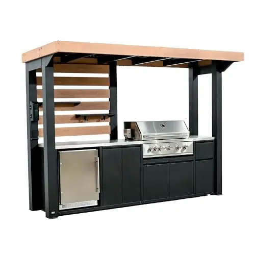 Backyard Discovery Fusion Flame outdoor kitchen with grill, refrigerator, and storage cabinets