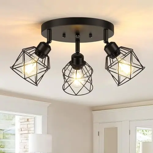 BAOCUZ black metal cage flush mount ceiling light with adjustable lights