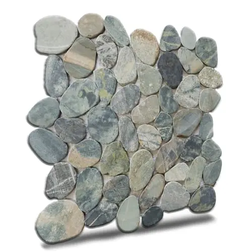 PEBBLETILE.CO teal blue sliced pebble mosaic kitchen tiles