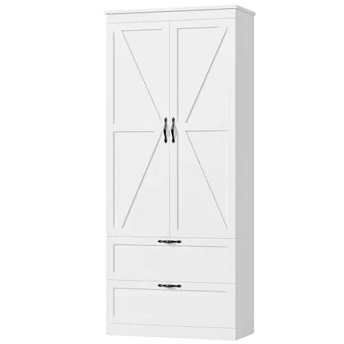HOSTACK white tall pantry cabinet with barn doors and drawers
