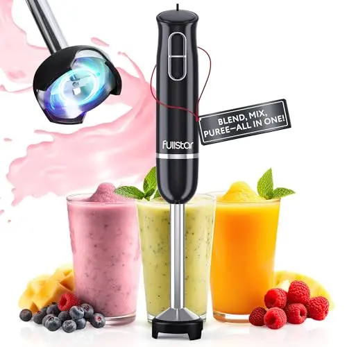 Fullstar 300W immersion blender with silicone pan protector and sleek black design
