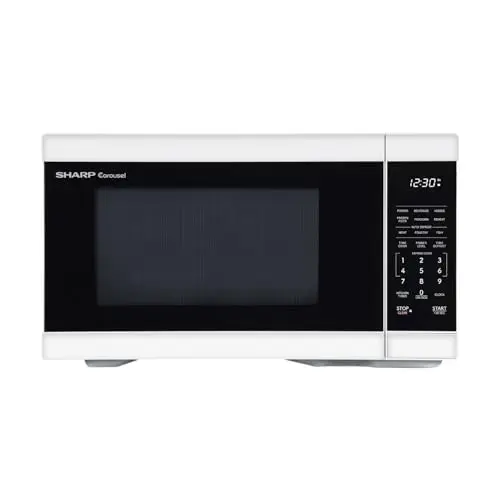 SHARP white countertop microwave oven with removable turntable and LED display