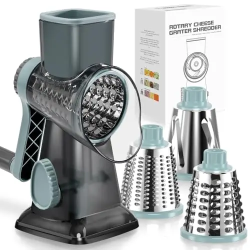 KEOUKE grey blue rotary cheese grater with three stainless steel blades