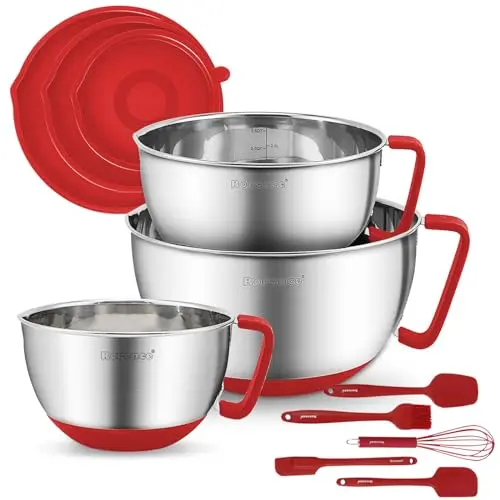 Rorence red stainless steel mixing bowls with silicone handles and non-slip bottoms