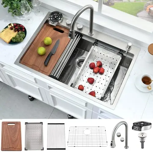 BOKAIYA 33-inch waterfall drop-in kitchen sink with faucet and glass rinser