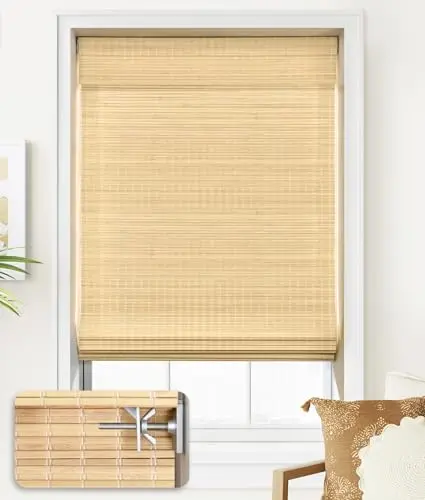 LazBlinds bamboo Roman shade rolled up on a kitchen window