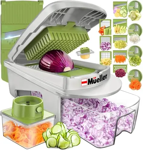Mueller Pro-Series mandoline slicer with multiple blades for chopping and spiralizing vegetables