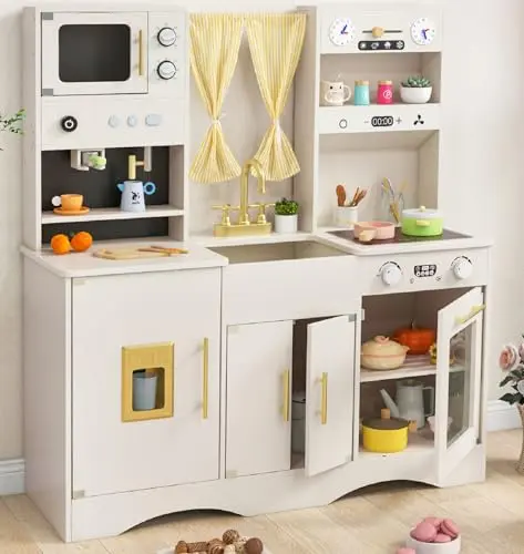 Large wooden play kitchen with multiple stations and storage cabinets