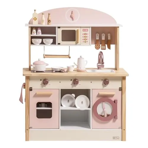 Pink wooden play kitchen with modern design and abundant accessories