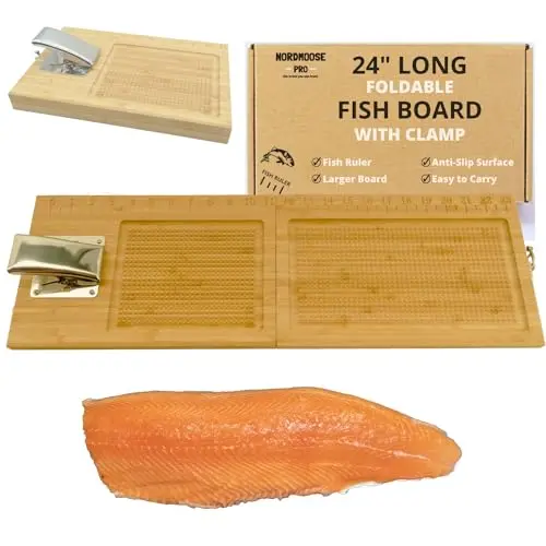 Nordmoose foldable bamboo fish cutting board with metal clamp for secure holding