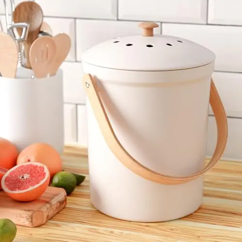 KIBAGA beige compost bin with wooden handle on countertop