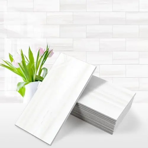 Vamos Tile glossy white peel and stick subway tiles with white grout