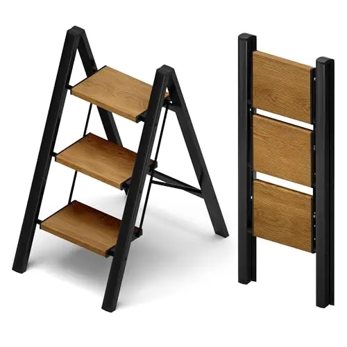 Taranta 3-step aluminum ladder with black woodgrain finish