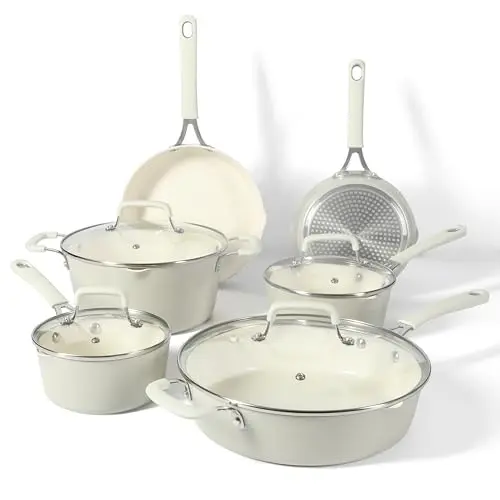 Martha Stewart 10-piece ceramic nonstick cookware set in linen white