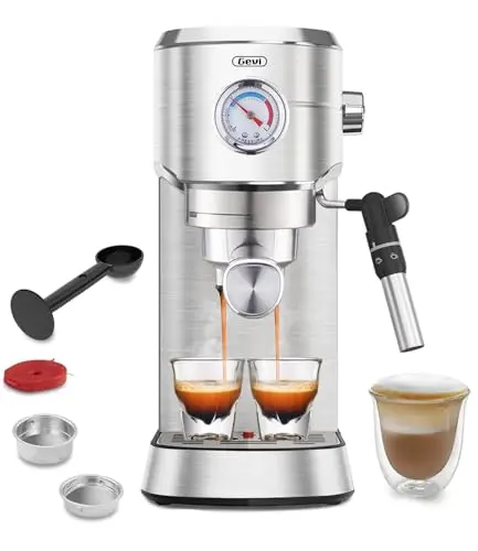 Gevi espresso machine with automatic milk frother in brushed stainless steel