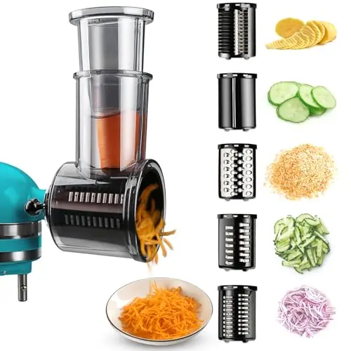 Stainless steel slicer shredder attachment with multiple blades