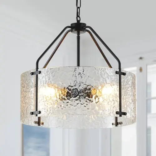 Blhxian 4-light black drum chandelier with water ripple glass over a living room entryway