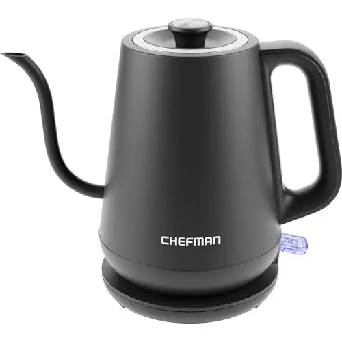 Chefman compact gooseneck electric kettle in black with LED indicator