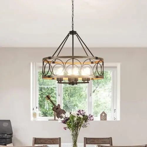 ZCHAOZ 6-light black drum chandelier with wood texture finish over a kitchen island
