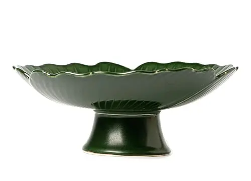 KuJaRen green ceramic fruit bowl with clover design on pedestal
