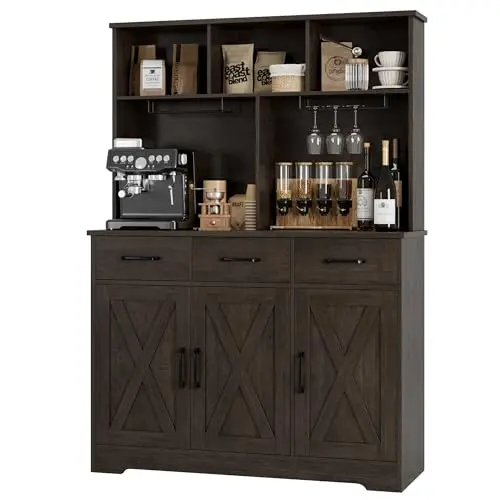 HOSTACK dark brown buffet cabinet with hutch in kitchen setting