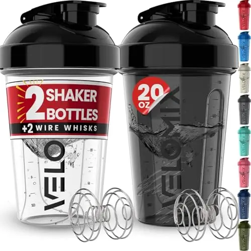 VELOMIX 2-pack 20-ounce protein shaker bottles in black and transparent