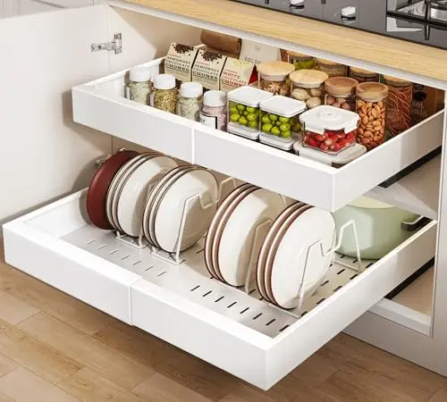 Seinloes white expandable pull out cabinet organizer with removable dividers