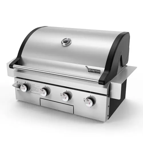 Brand-Man built-in gas grill with stainless steel finish and cast iron cooking grates