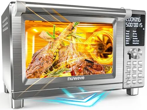 Nuwave Bravo XL Pro air fryer toaster oven with grill plate in stainless steel