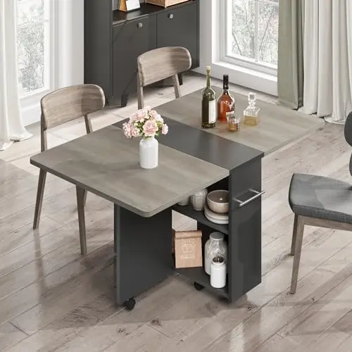 IDEALHOUSE folding kitchen table with drop leaves and storage shelves