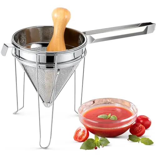 Feekoon stainless steel chinois strainer with chrome stand and wooden pestle
