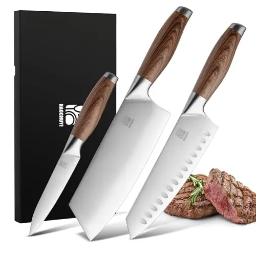 HAOCHUYI 3-piece chef knife set with utility, santoku, and chef knives