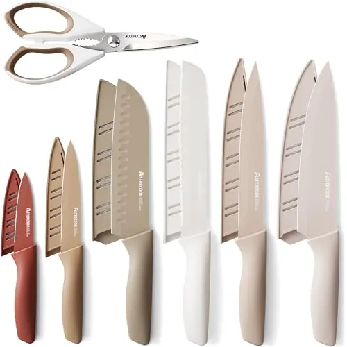 Astercook 13-piece knife set with white anti-rust coating and protective blade guards