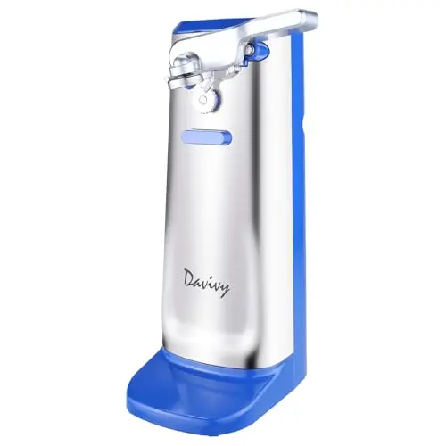 Davivy electric can opener in blue with built-in knife sharpener and bottle opener