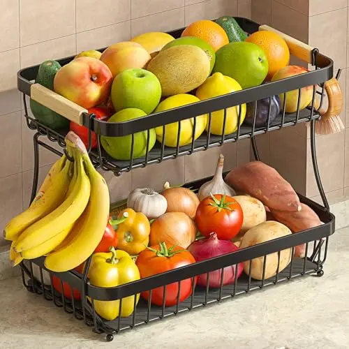 Sevenblue 2-tier fruit basket with protective mats and banana hangers