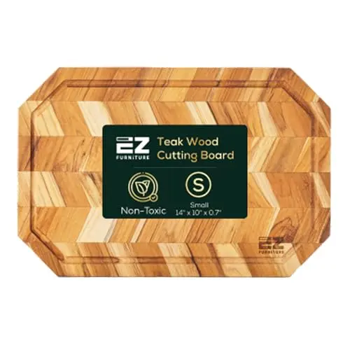EZ FURNITURE teak wood cutting board with herringbone pattern and juice groove