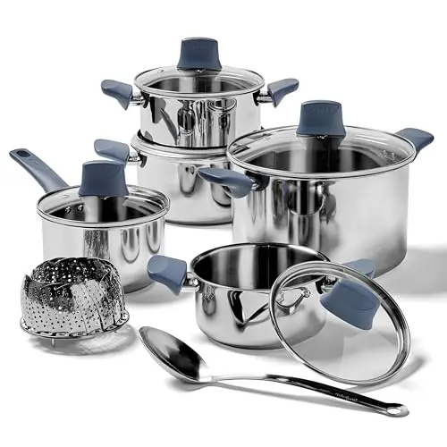 T-FAL silver and blue stainless steel cookware set with glass lids