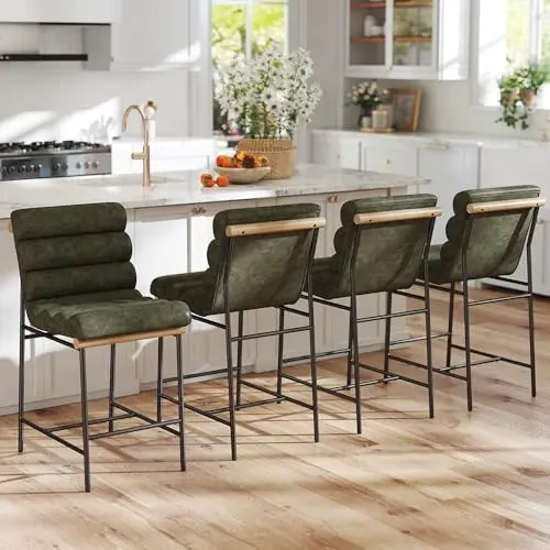 WAHSON green leather channel tufted bar stools
