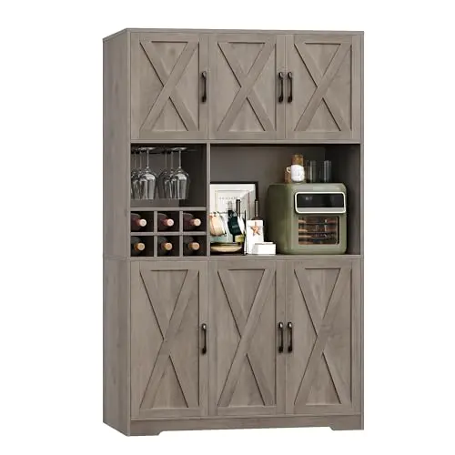 HOSTACK ash grey kitchen pantry with microwave stand and wine rack