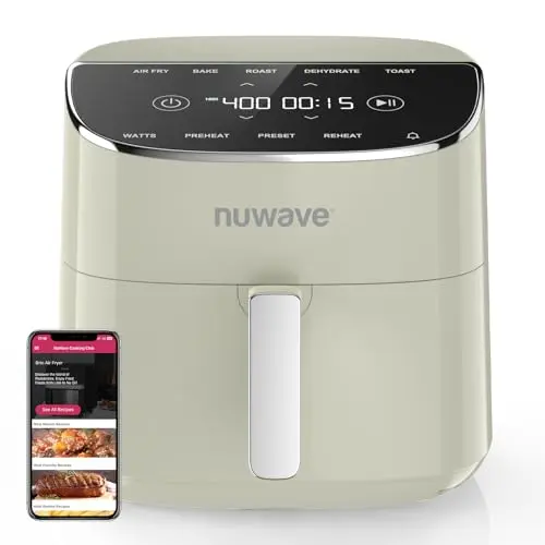 Nuwave Brio Plus Air Fryer in cream color with digital display
