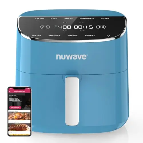 Nuwave Brio Plus Air Fryer in cozy blue with digital touch screen