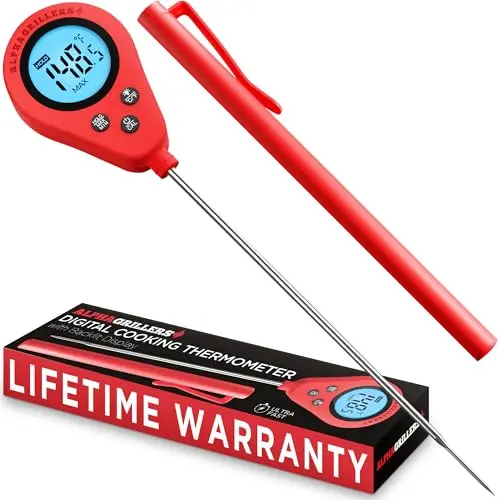 Alpha Grillers red digital food thermometer with long probe and backlit display