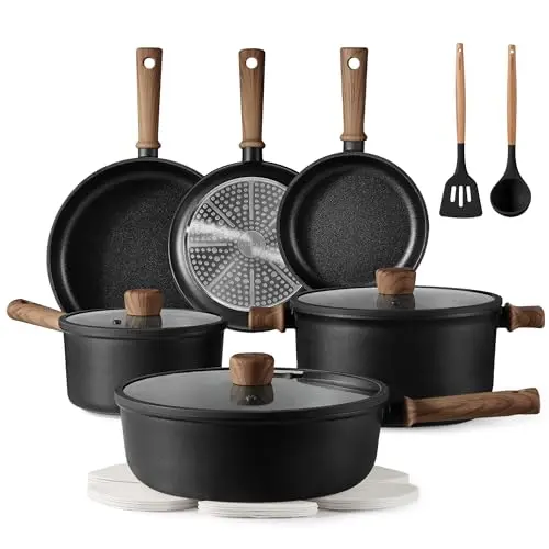 CAROTE 16-piece titanium nonstick cookware set in black with silicone lids